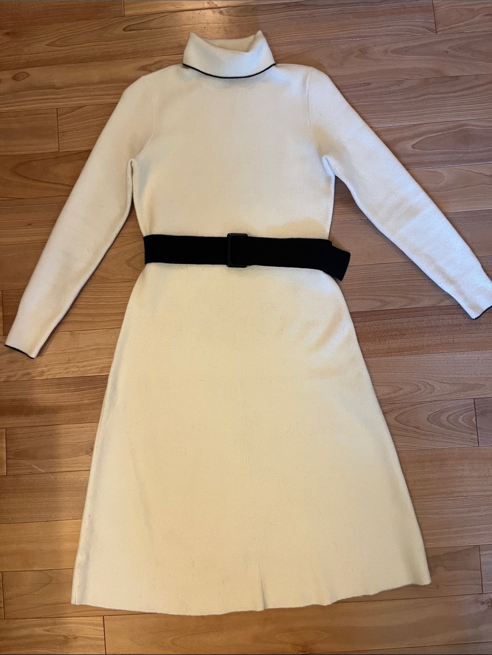 Ann Taylor Cream Turtleneck Long-Sleeve Dress with Black Belt